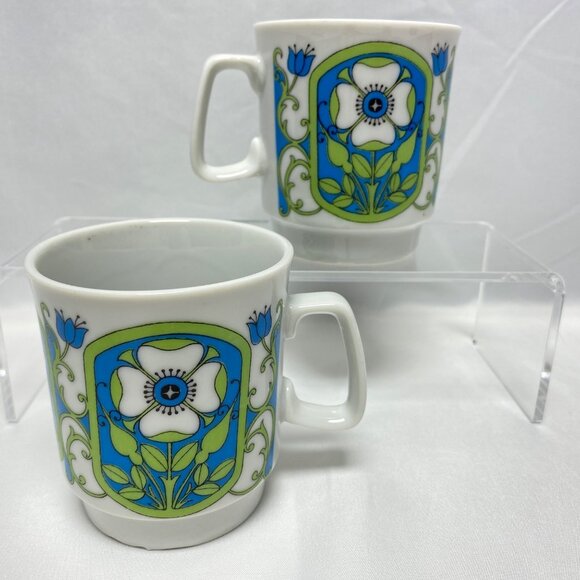 MCM Floral 60's Coffee Mugs Retro 8 oz Cups Japan Set of 2 - Picture 3 of 13